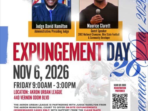 Expongement Day2026 New Poster for Expungement Day featuring two smiling men in framed portraits with event title and date; includes Akron Urban League branding.