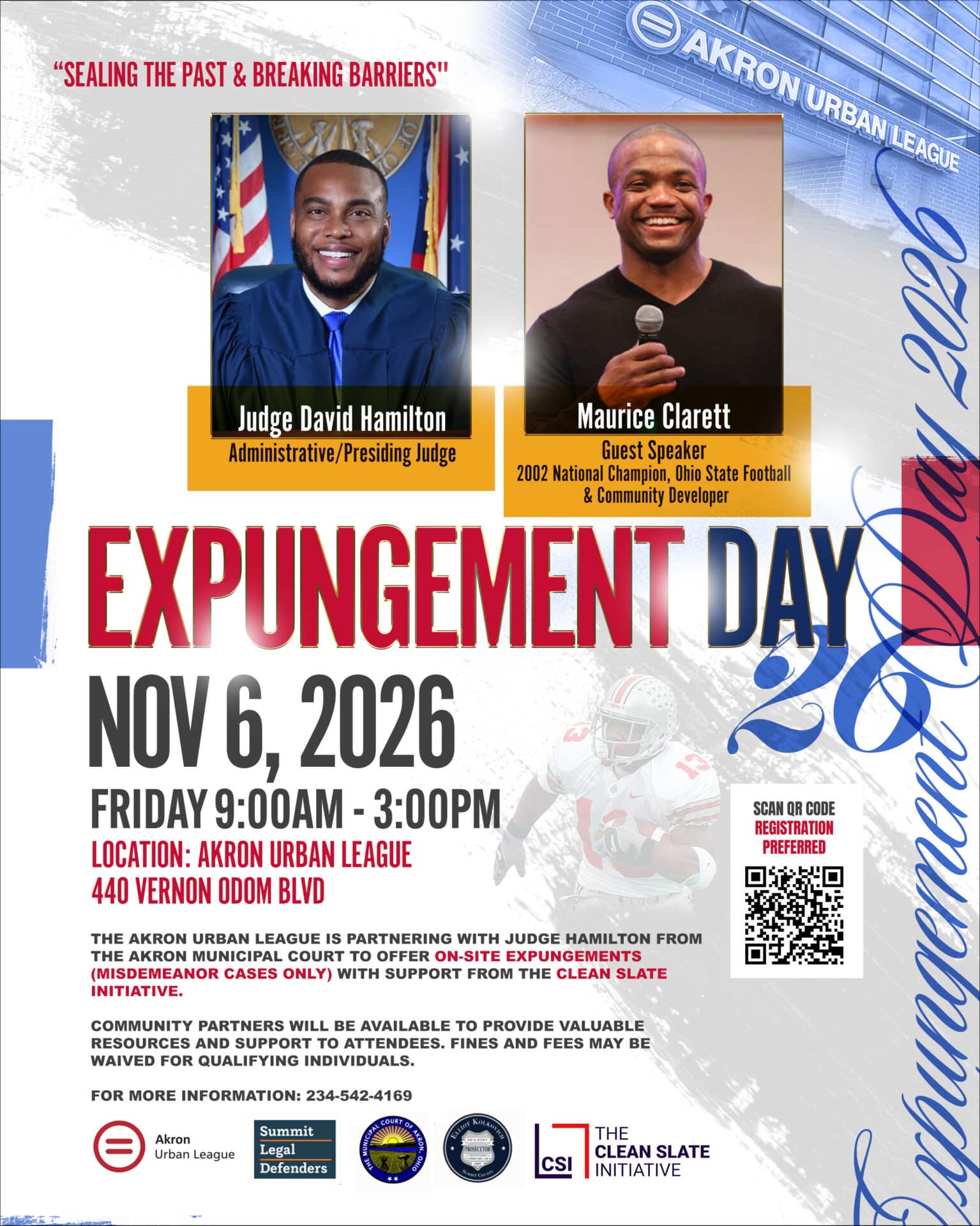 Expungement Day at the Akron Urban League on November 6, 2026, featuring Judge David Hamilton and guest speaker Maurice Clarett.