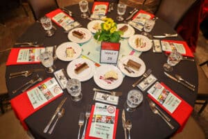 Img_0761-300x200 | Akron Urban League Top-down View of a Round Banquet Table Set for a Formal Dinner with Red Napkins, Menus, Glassware, Cutlery, and a Central Floral Arrangement.
