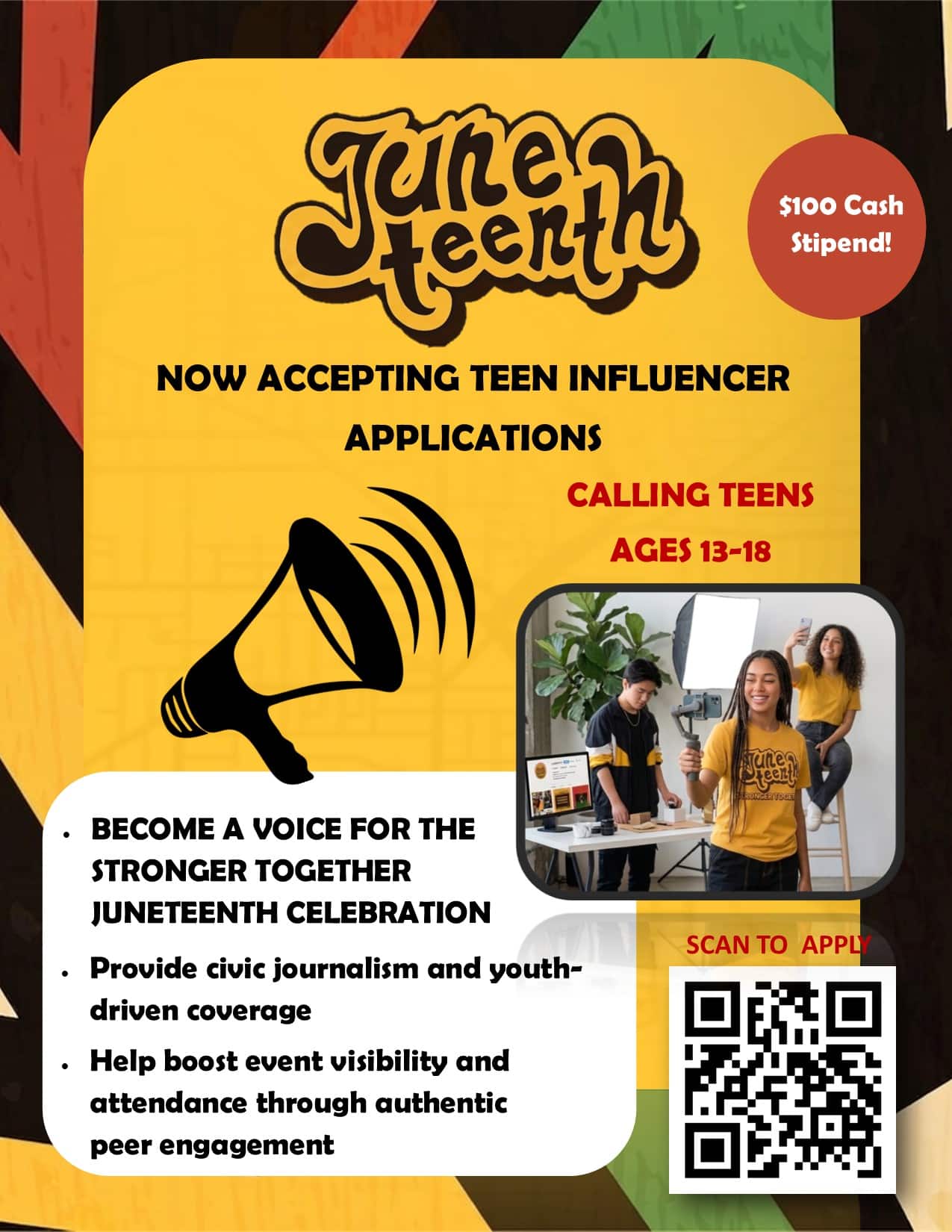 Yellow poster announcing a teen influencer program with $100 cash stipend and QR code for applying; ages 13–18 in bold text.