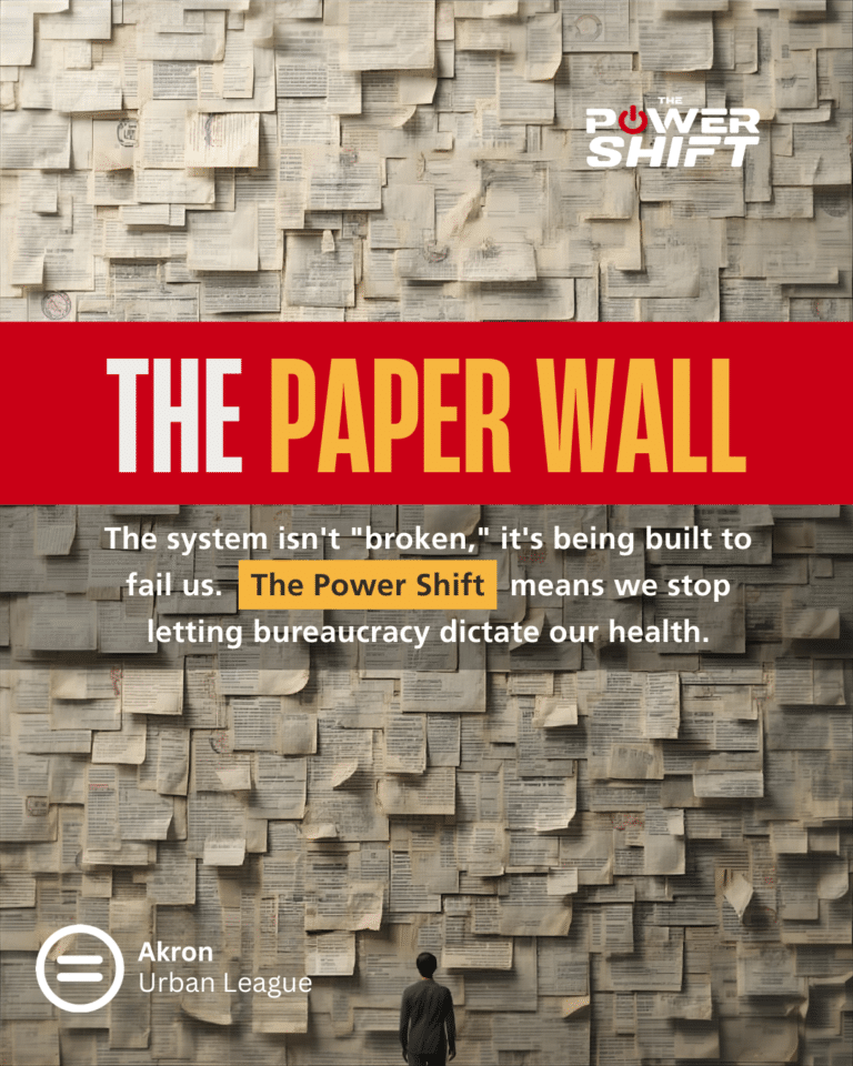 Poster Showing a Man Facing a Wall of Stacked Papers; Bold 'the Paper Wall' Banner with Power Shift and Akron Urban League Logos.