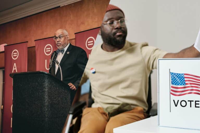 Speaker at a Podium Delivering a Speech at a Political Event, with a Person in a Wheelchair Beside a Voting Display Featuring the American Flag.