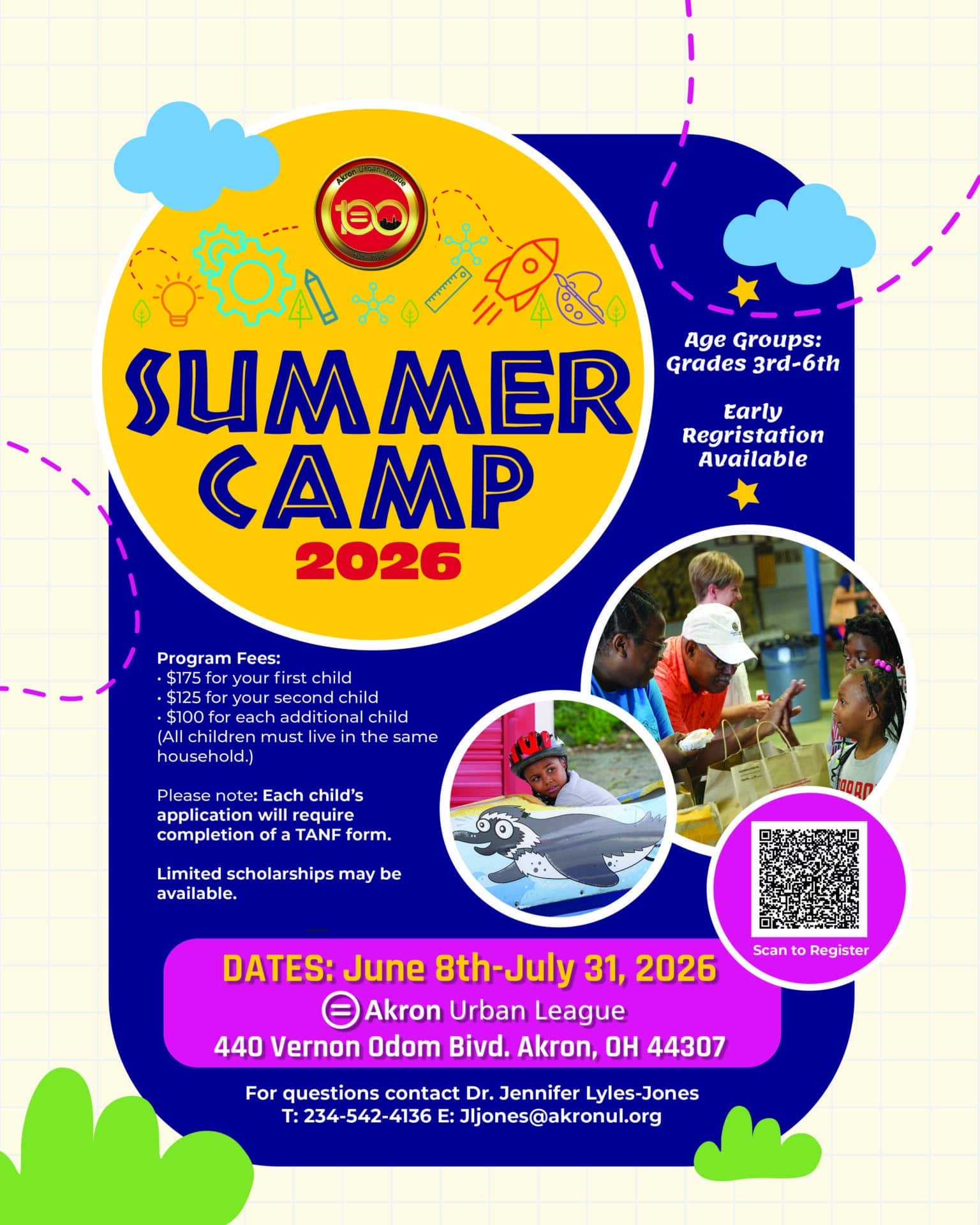 | Akron Urban League Flyer for Akron Urban League Summer Camp 2026, June 8-july 31, for Grades 3-6. Registration Info and Fees in Body Text.